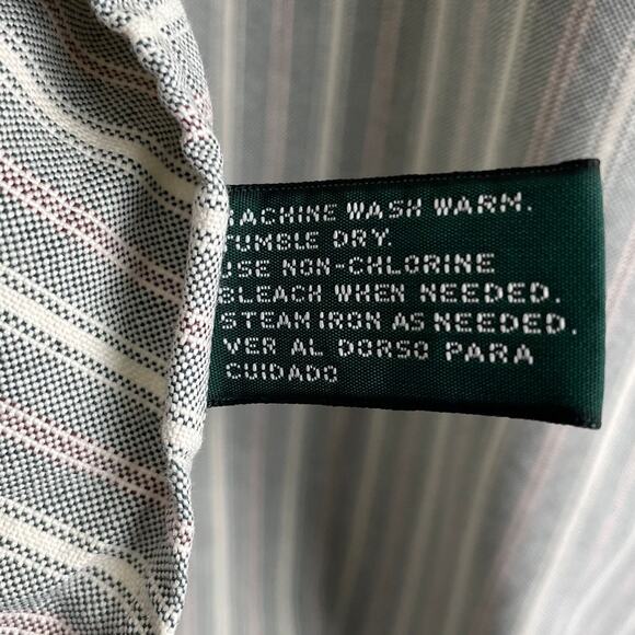 Vintage 90s Mens Striped Button Up Shirt 17 Green Tan Contrast Collar Retro Prep - Picture 12 of 16